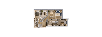 A detailed floor plan of a house with various rooms and furniture layout.