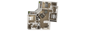 A 3D floor plan of a house with a central courtyard and surrounding rooms.