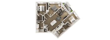 A 3D floor plan of a house with a kitchen, living room, and two bedrooms.