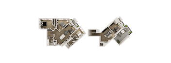 Two floor plans of a house with a kitchen, living room, and bedrooms.