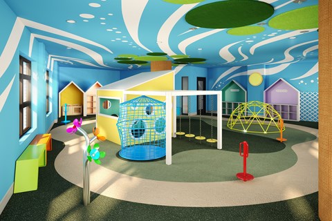 Welcoming children’s play area with interactive equipment, vibrant colors, and a spacious layout for active recreation.