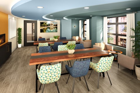A dining room with a wooden table and chairs with a blue and yellow pattern.