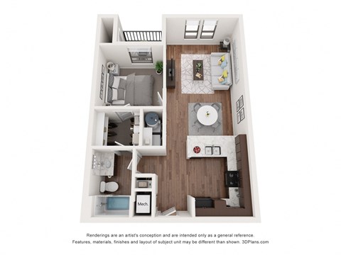 a stylized floor plan with a bedroom and a living room