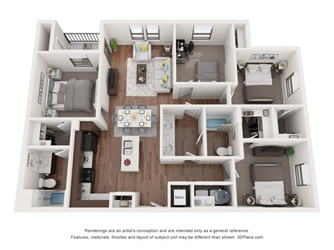 a 1 bedroom floorplan is shown in this rendering