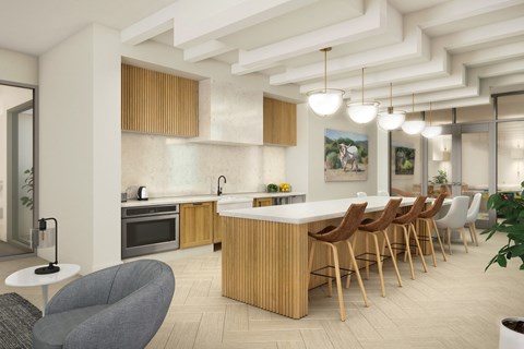 a rendering of a kitchen with a large island and chairs