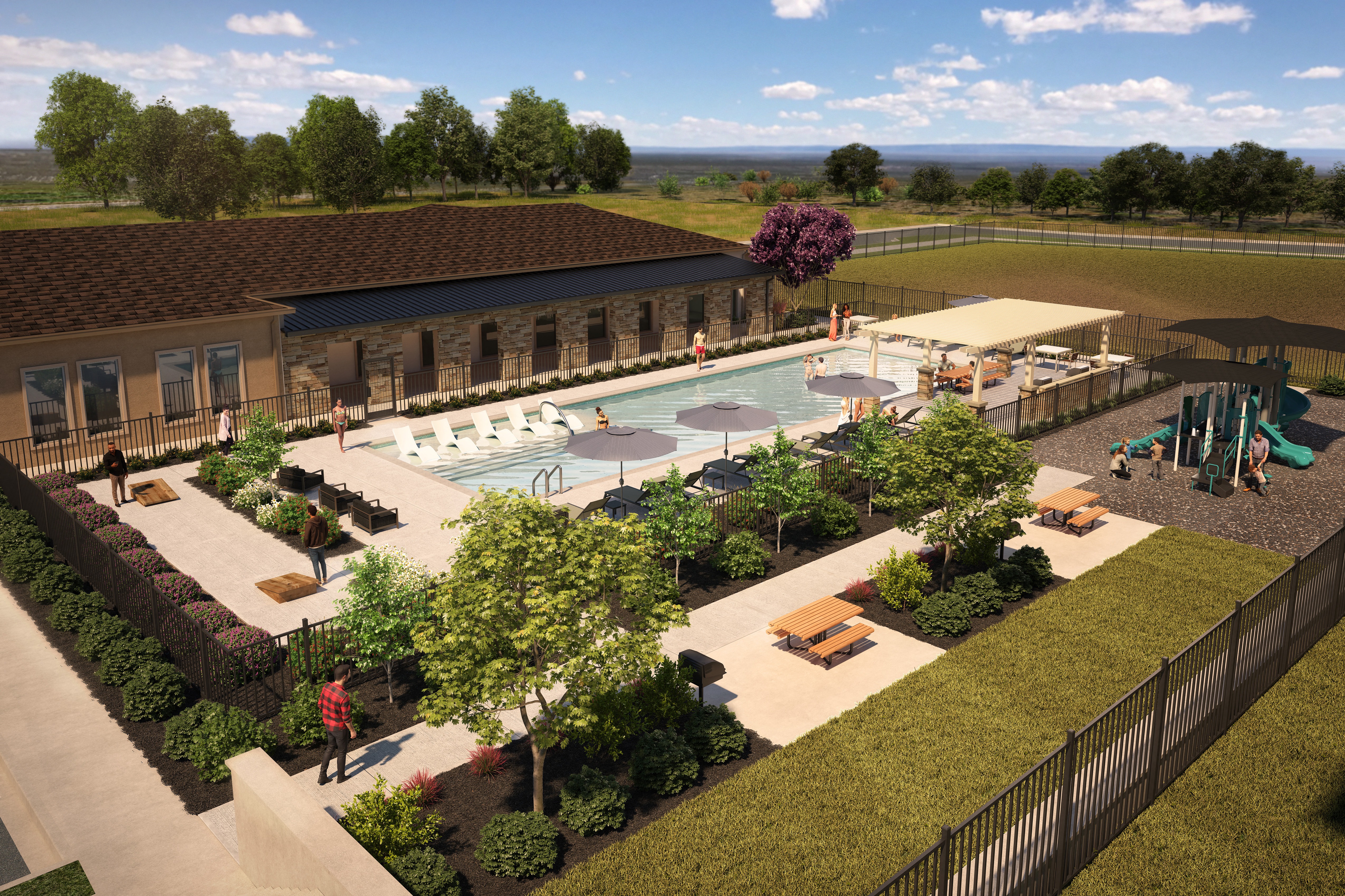 an aerial view of the pool and patio area of a resort