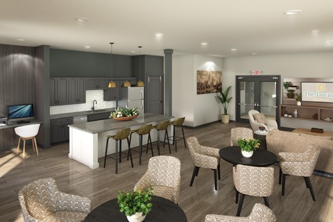A modern living room with a kitchen area in the background.