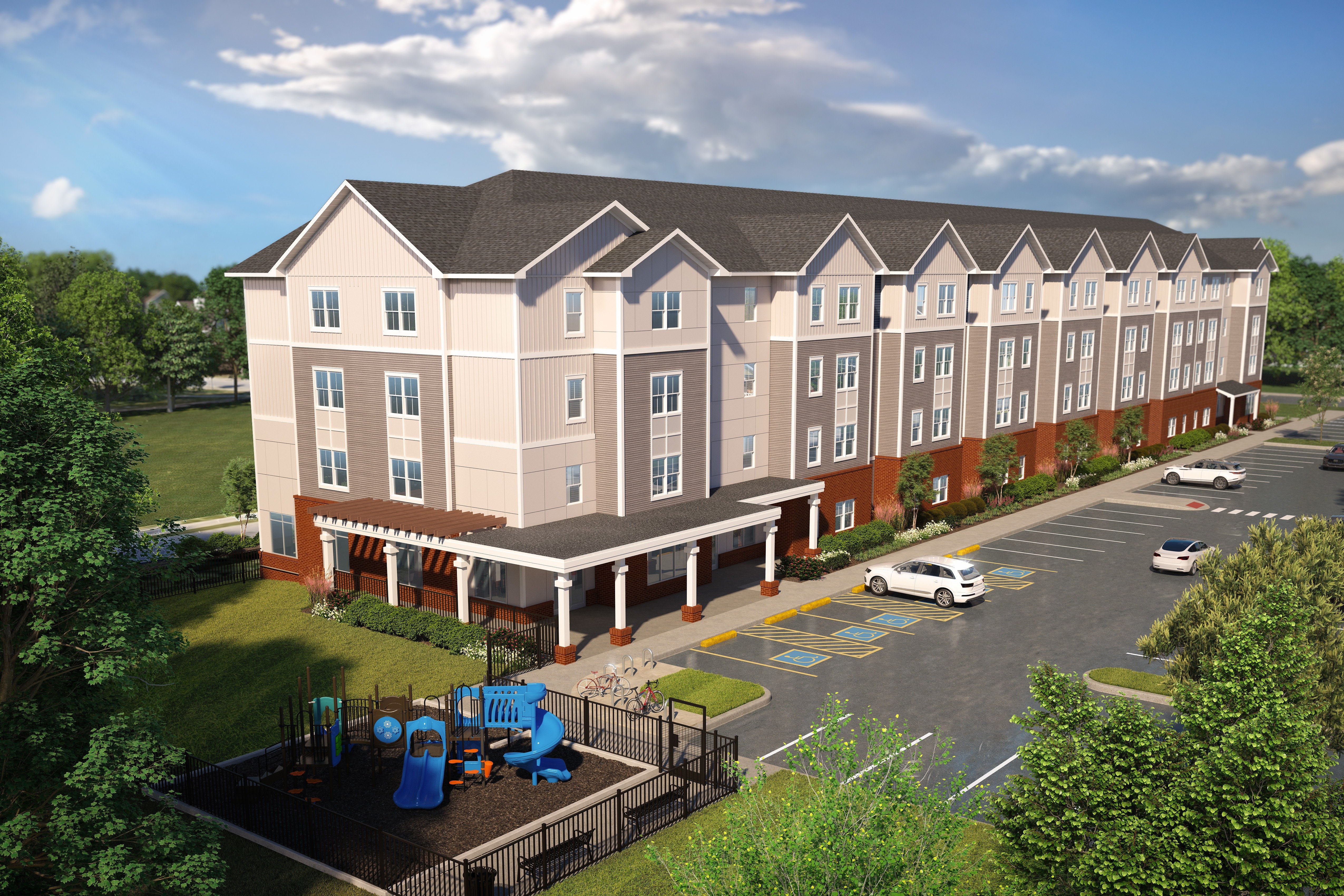 A large building with a parking lot in front of it.