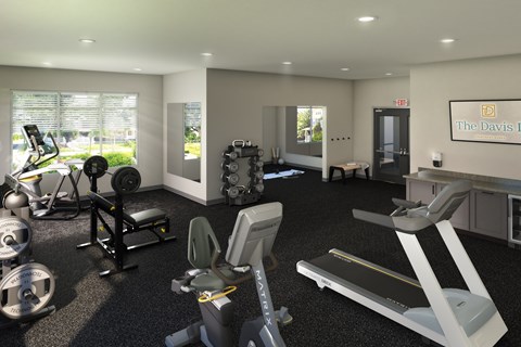 A gym with a treadmill, weights and exercise equipment.