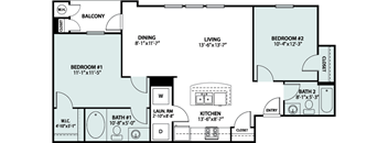 A floor plan of a house with a balcony, two bedrooms, a living room, a dining room, a kitchen, and two bathrooms.