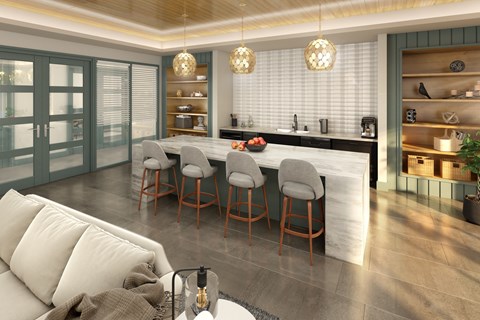 a kitchen and living room with a large island and bar stools