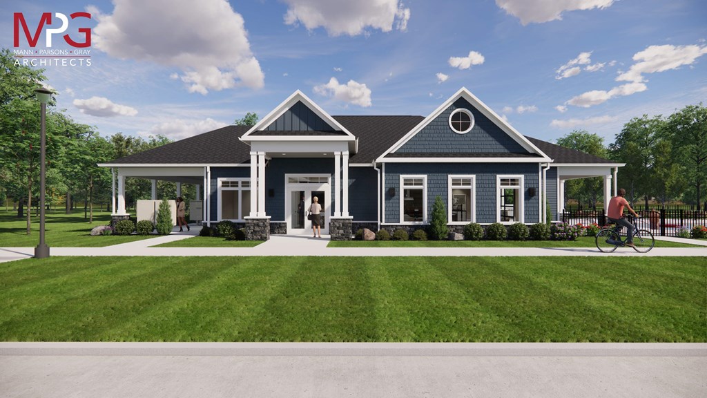 a rendering of a house with a lawn and a man riding a bike