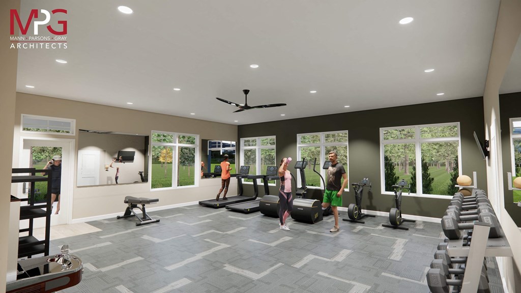a home gym with people exercising in it