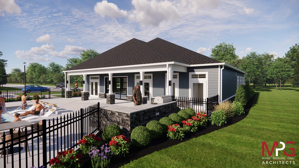 a rendering of a new home with a pool and a patio