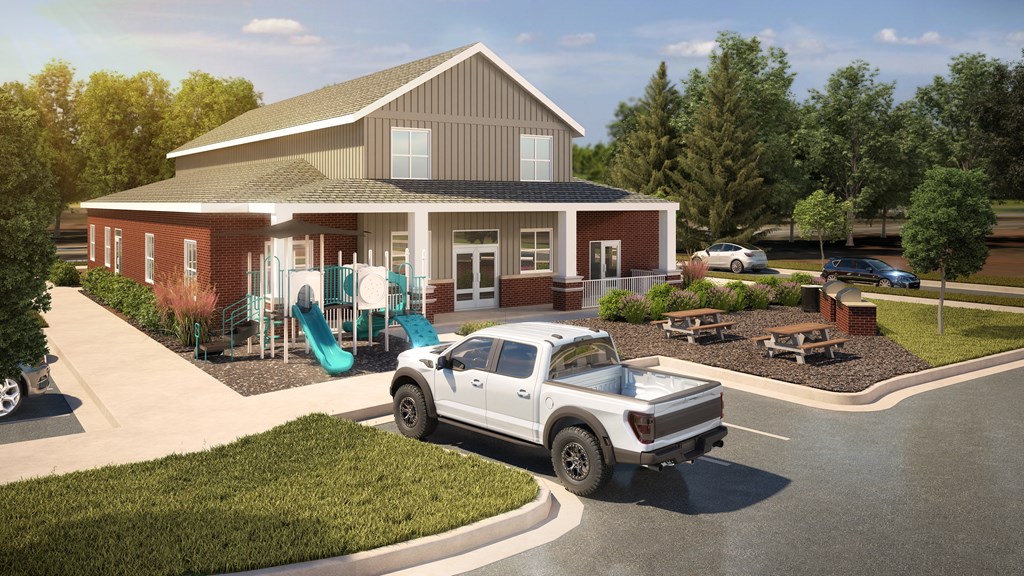 a rendering of a building with a truck parked in front of it