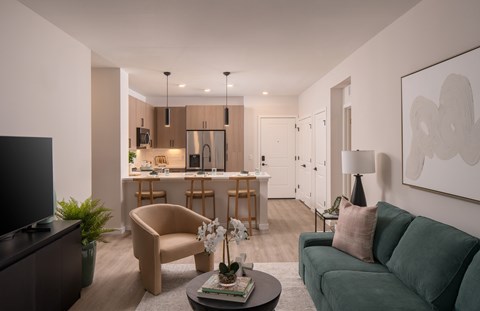 A modern living room with a green couch and a television.