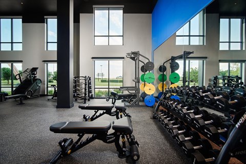 A gym with a variety of equipment including weights and a rowing machine.