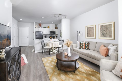 A living room with a grey couch and a coffee table.