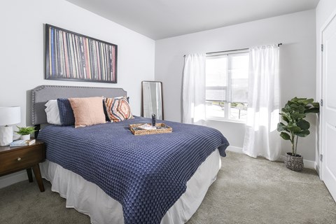 Bright bedroom with plush carpeting, modern furnishings, and a large window that fills the space with natural light.