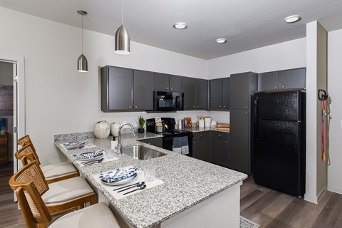 A kitchen with a black refrigerator and a granite countertop.