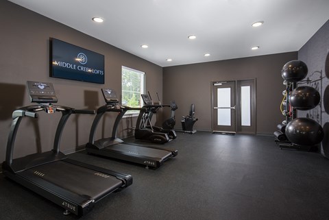 A gym with treadmills and exercise balls.
