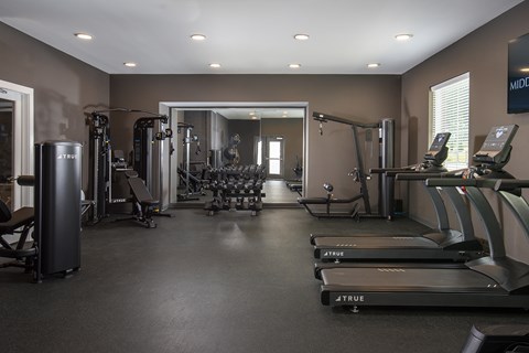 A gym with treadmills, weights, and exercise equipment.