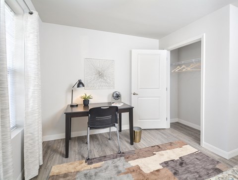 A room with a desk, chair, and a rug.