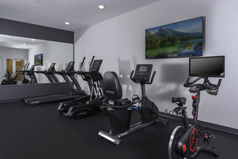 Modern resident gym showcasing premium cardio equipment, mirrored walls, and dedicated space for fitness and wellness.