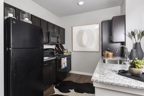 A black fridge in a kitchen with a cowhide rug on the floor.