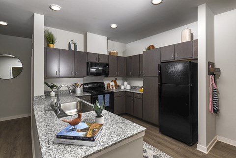A kitchen with a black refrigerator and grey cabinets.