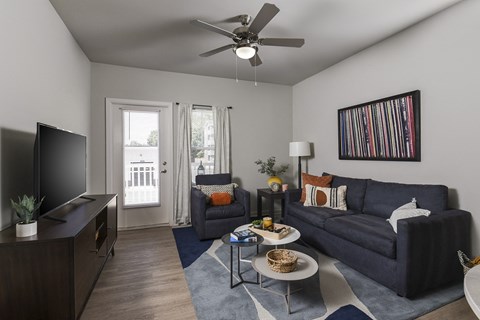 A living room with a blue couch and a television.