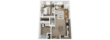 A top-down view of a small apartment with a kitchen, living room, and bathroom.