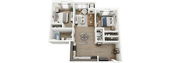 A top-down view of a small apartment layout with a kitchen, living room, and bedrooms.
