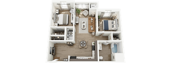 A top-down view of a small apartment layout with a kitchen, living room, and bedrooms.