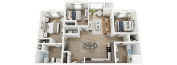A detailed 3D floor plan of a modern apartment layout.