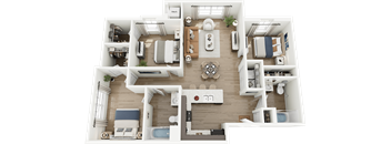A 3D floor plan of a small apartment with a kitchen, living room, and bedrooms.