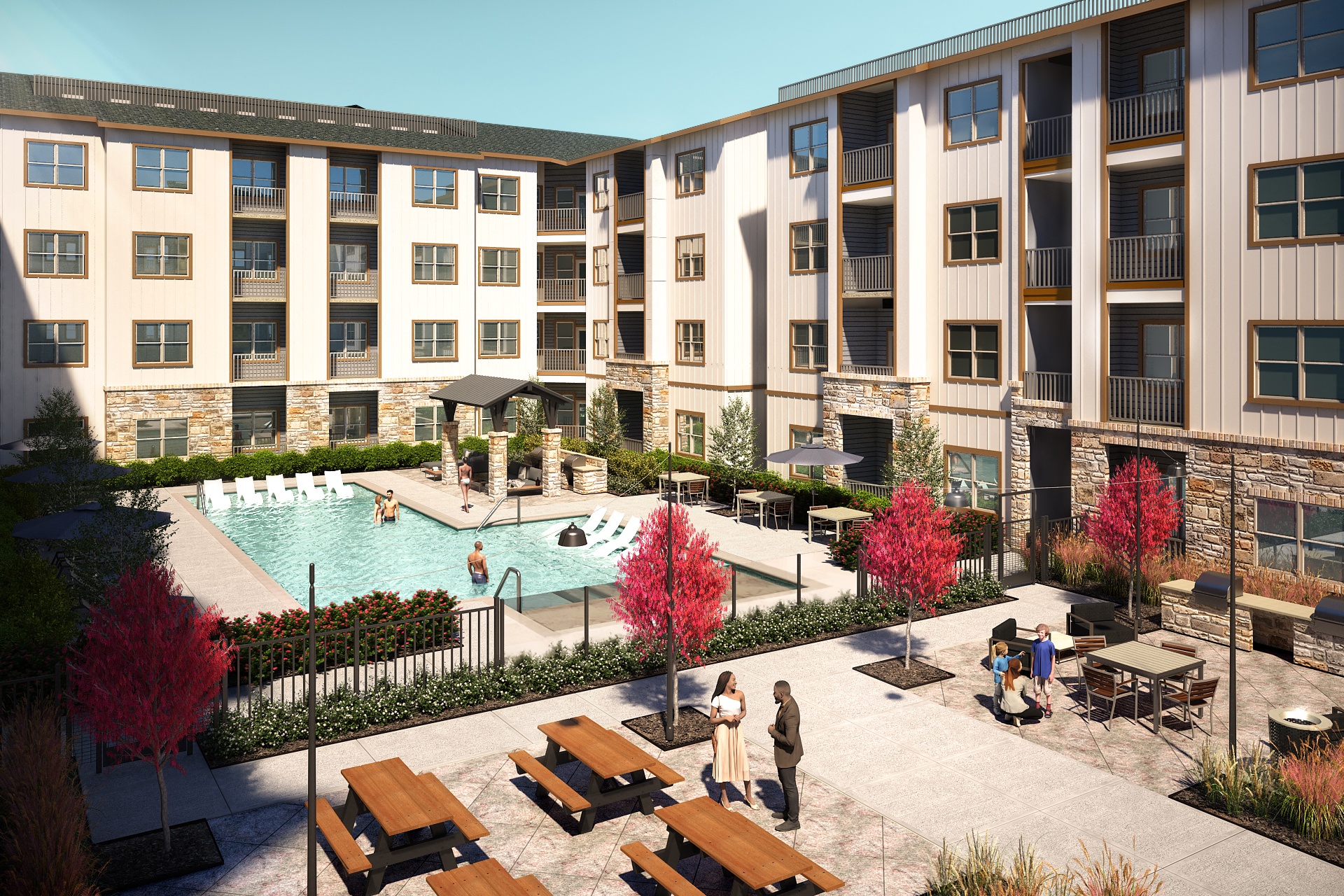 a rendering of an apartment building with a swimming pool