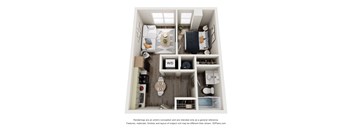 A 3D floor plan of a small apartment with a kitchen, living room, and bathroom.