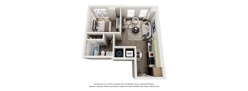 A 3D floor plan of a small apartment with a kitchen, living room, and bathroom.