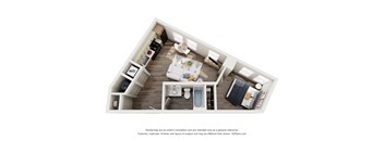 A 3D floor plan of a small apartment with a kitchen, living room, and bedroom.