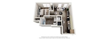 A 3D floor plan of a small apartment with a kitchen, living room, and bathroom.