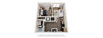 A 3D floor plan of a small apartment with a kitchen, living room, and bathroom.