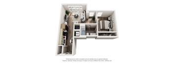 A 3D floor plan of a small apartment with a kitchen, living room, and bathroom.