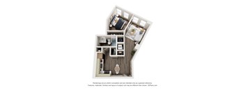 A 3D floor plan of a small apartment with a kitchen, living room, and bathroom.