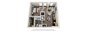 A 3D floor plan of a small apartment with a kitchen, living room, and bathroom.