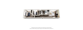 A 3D image of a white room with a couch, a bed, a desk, and a chair.
