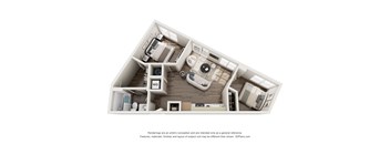 A 3D floor plan of a small apartment with a kitchen, living room, and bathroom.