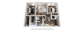 A 3D image of a small apartment with a kitchen, living room, and bathroom.