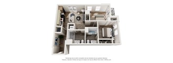 A 3D floor plan of a house with a kitchen, living room, and bathroom.