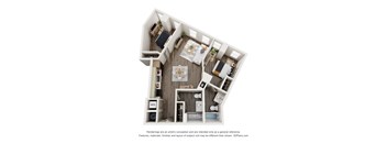 A 3D floor plan of a small apartment with a kitchen, living room, and bedroom.